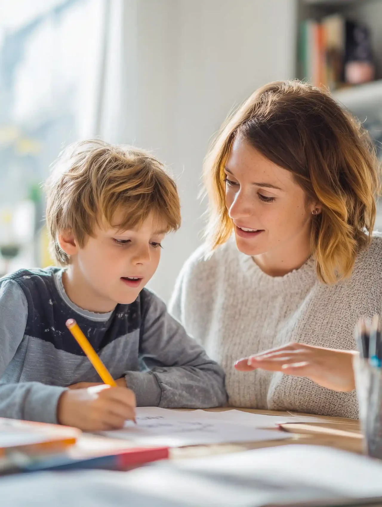 A candid picture of a primary school boy and tutor in a naturally light room