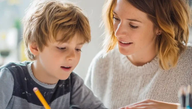 A candid picture of a primary school boy and tutor in a naturally light room