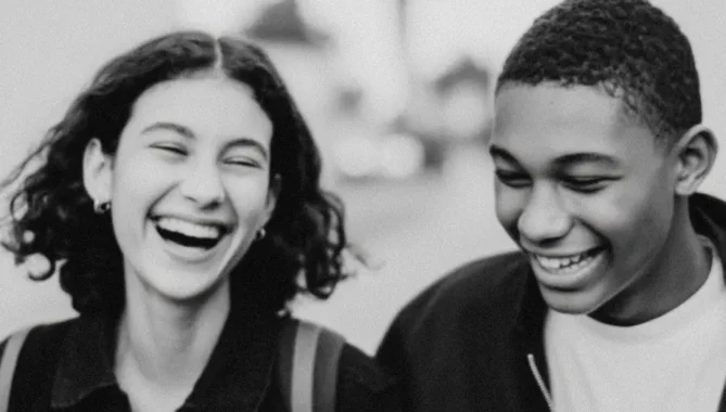 Teenagers smiling whilst walking down the street in Paris