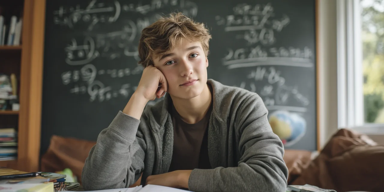 Teenage boy sat in front of a blackboard with physics formulas on the board