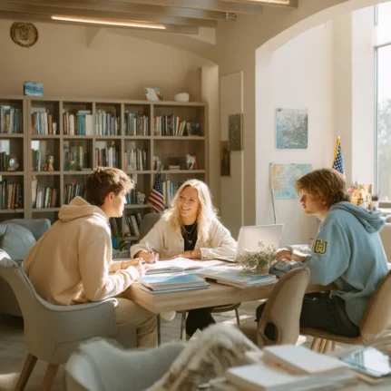 A consultation between students and an adult supervisor in a bright room
