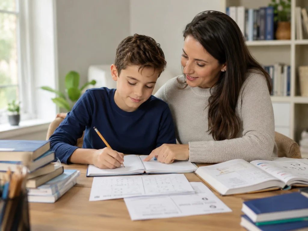 Mother helping her son with 11 plus preparation at home