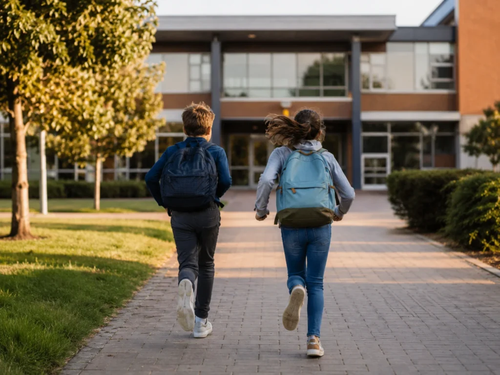 Year 6 children running toward school during 11 plus preparation
