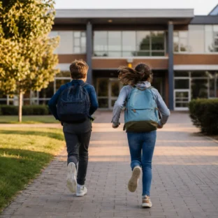 Year 6 children running toward school during 11 plus preparation