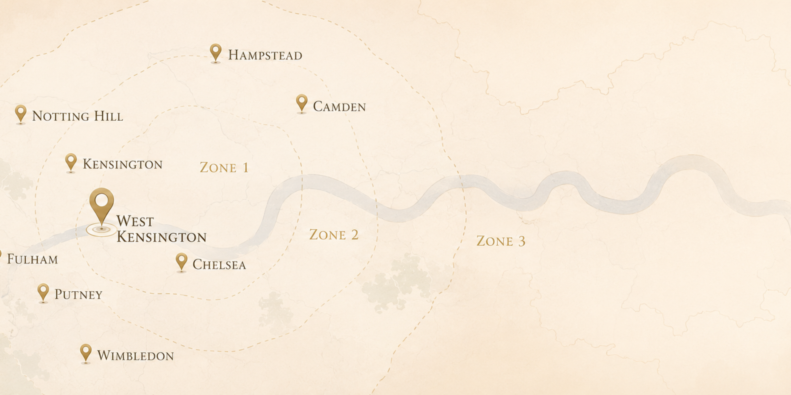 Private tuition in London service area map showing West Kensington, Kensington, Chelsea, Notting Hill, Hampstead, Fulham, Putney, Camden, and Wimbledon across Zones 1 to 3.