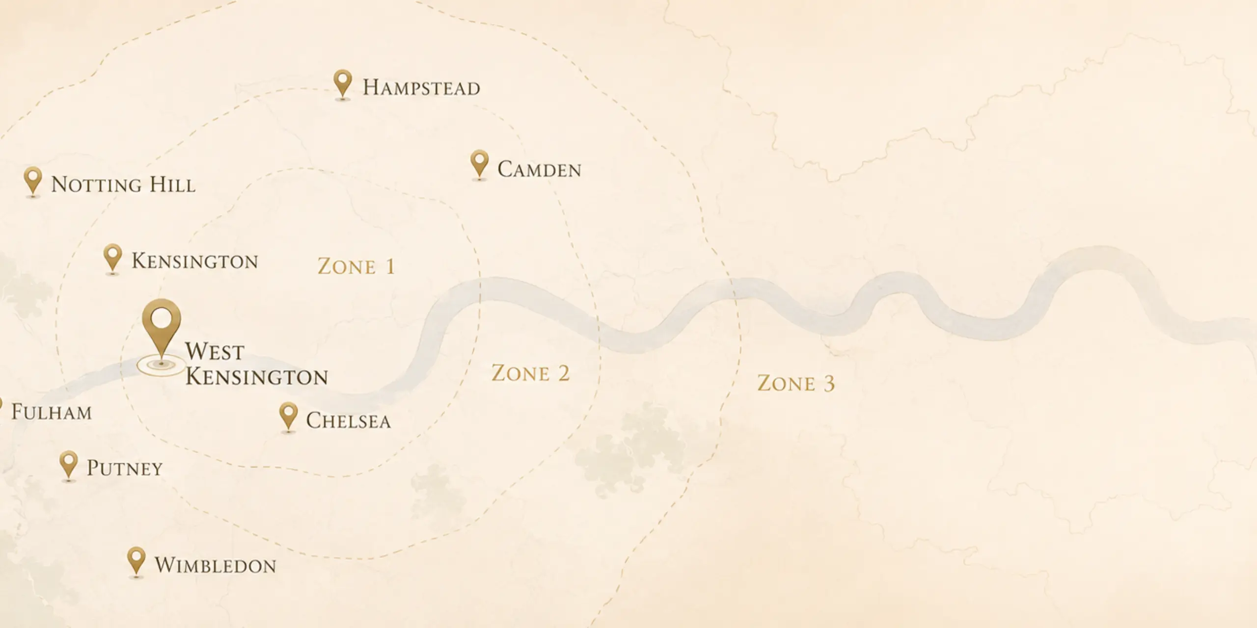 Private tuition in London service area map showing West Kensington, Kensington, Chelsea, Notting Hill, Hampstead, Fulham, Putney, Camden, and Wimbledon across Zones 1 to 3.