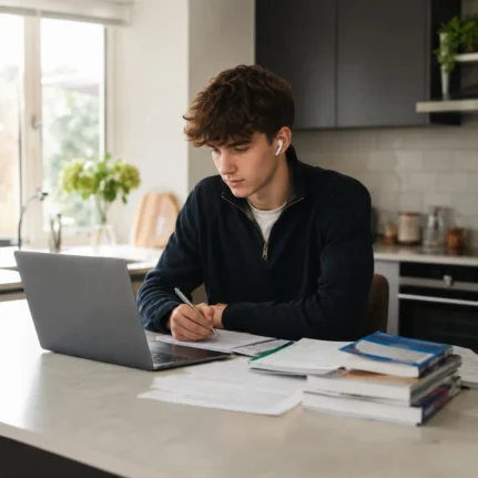 A-Level student using a laptop for online tutoring while studying at a kitchen island.