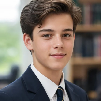 Confident student in a smart school uniform with neatly styled hair, smiling slightly in a softly lit academic setting.