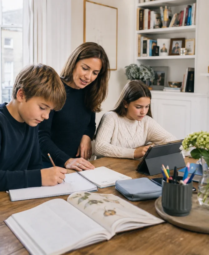 Homeschooling tutor supporting two children during a structured home learning session in a bright London home.