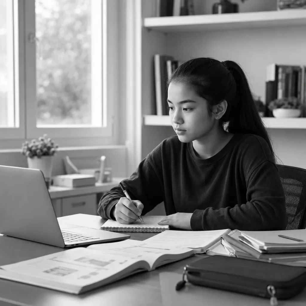 IB student studying online with a laptop, books, and notes in a black-and-white setting.
