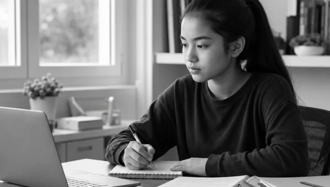 IB student studying online with a laptop, books, and notes in a black-and-white setting.