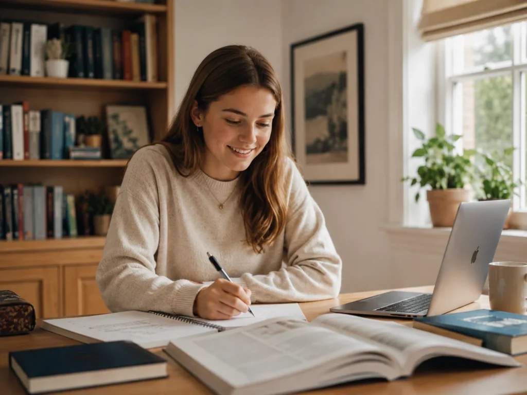 Smiling A-Level student studying at home with books, notes, and a laptop during homeschooling tuition.