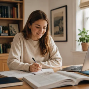 Smiling A-Level student studying at home with books, notes, and a laptop during homeschooling tuition.