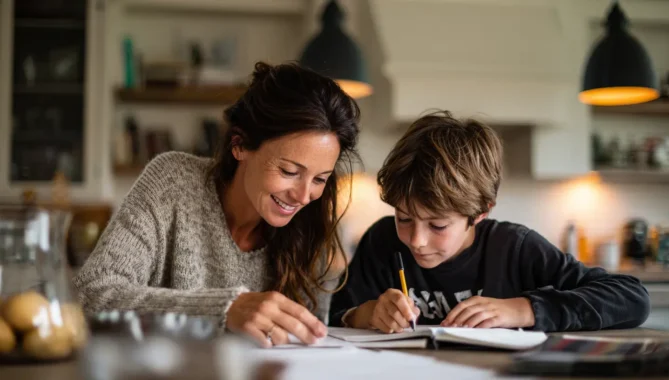 Friendly looking maths tutor helps an 11+ student at home