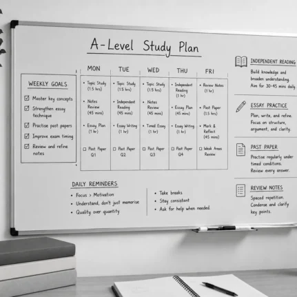 Black-and-white whiteboard with an A-Level study plan, weekly goals, and revision reminders.