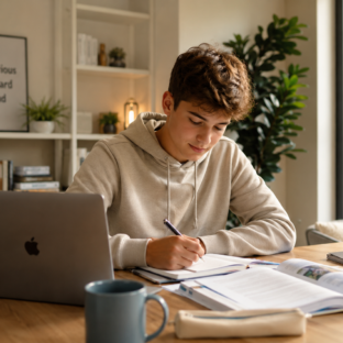Student focused on at-home learning with a laptop, open books, and study notes in a bright home workspace.