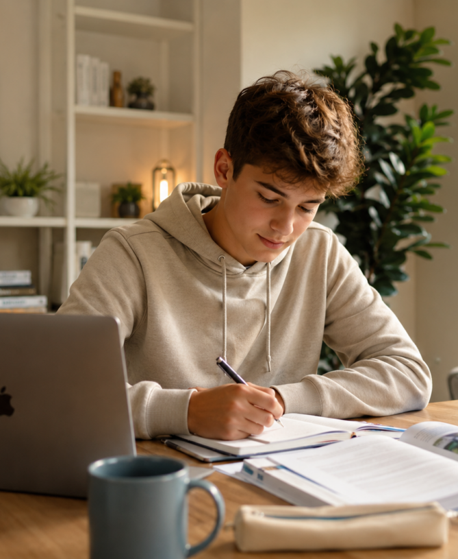 Student focused on at-home learning with a laptop, open books, and study notes in a bright home workspace.