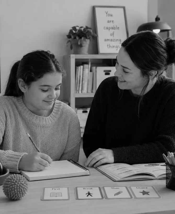 Homeschooling for autism with a tutor and student working together in a calm black-and-white learning space.
