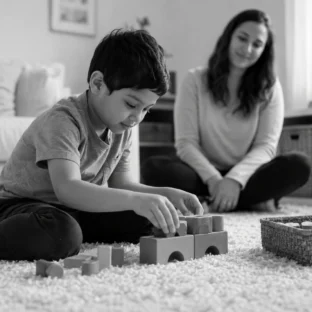 Child engaging in sensory play during homeschooling for autism with a parent nearby.