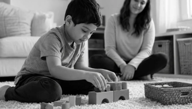 Child engaging in sensory play during homeschooling for autism with a parent nearby.