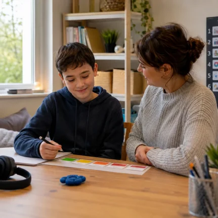 Student with autism using sensory learning tools during calm one-to-one homeschooling tuition.
