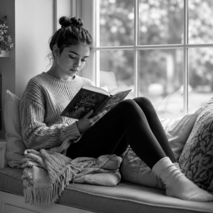 Black and white image of a girl student reading a book in a cozy window nook at home.