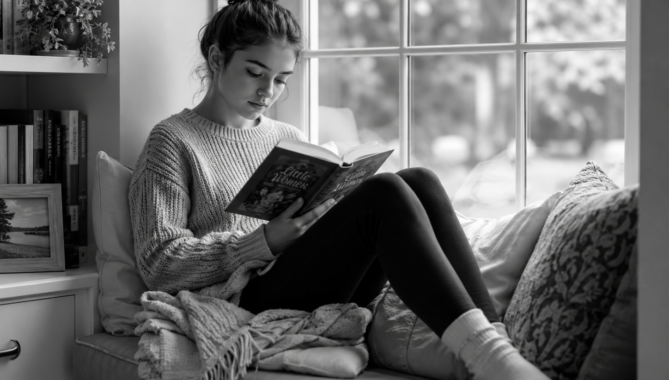 Black and white image of a girl student reading a book in a cozy window nook at home.