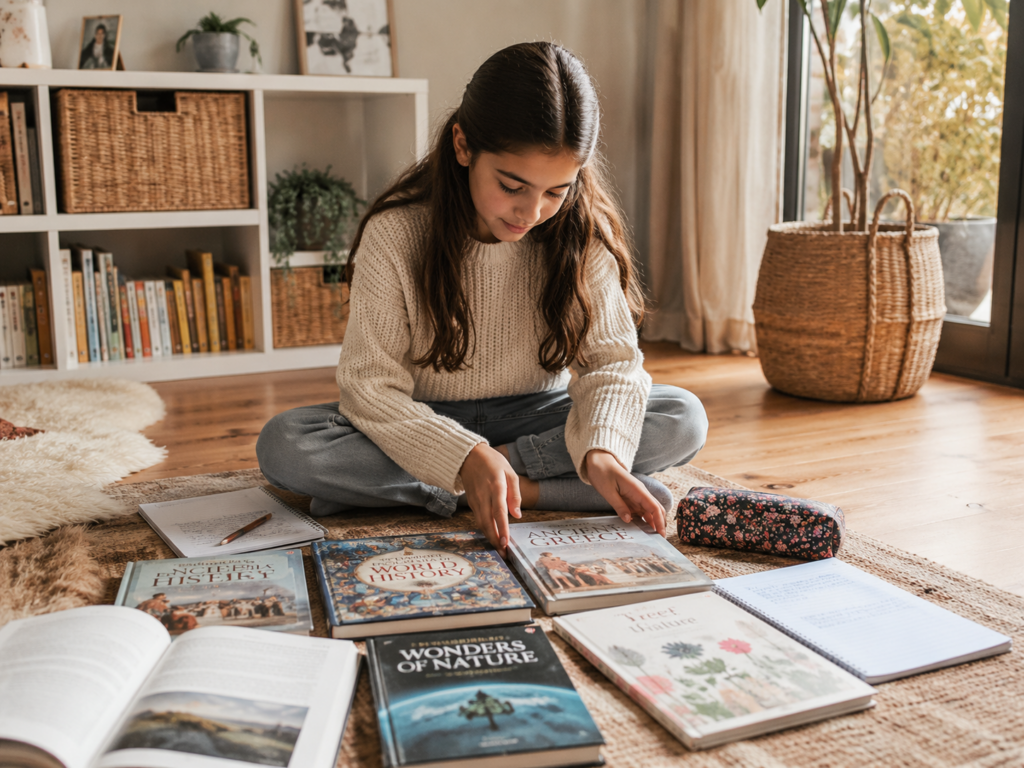 Child sitting on the floor at home with books laid out for independent learning.