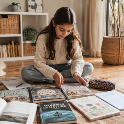 Child sitting on the floor at home with books laid out for independent learning.