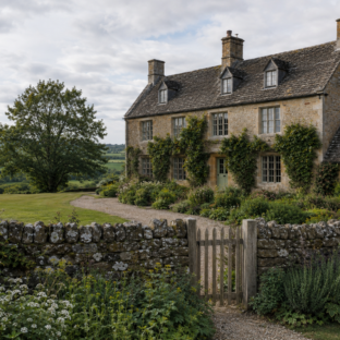 British farmhouse surrounded by countryside gardens, a stone wall, and rolling green fields.