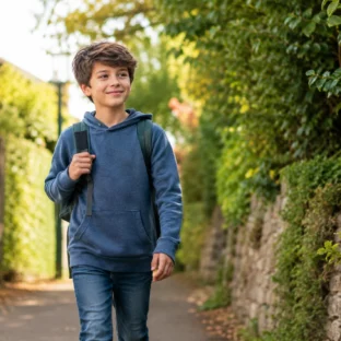 Child walking confidently along a leafy path during flexible home education support.
