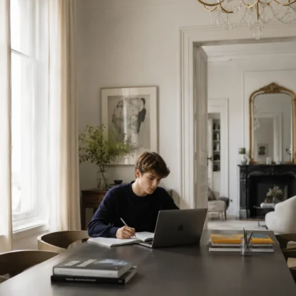 Student working independently on a laptop in an elegant home study room.