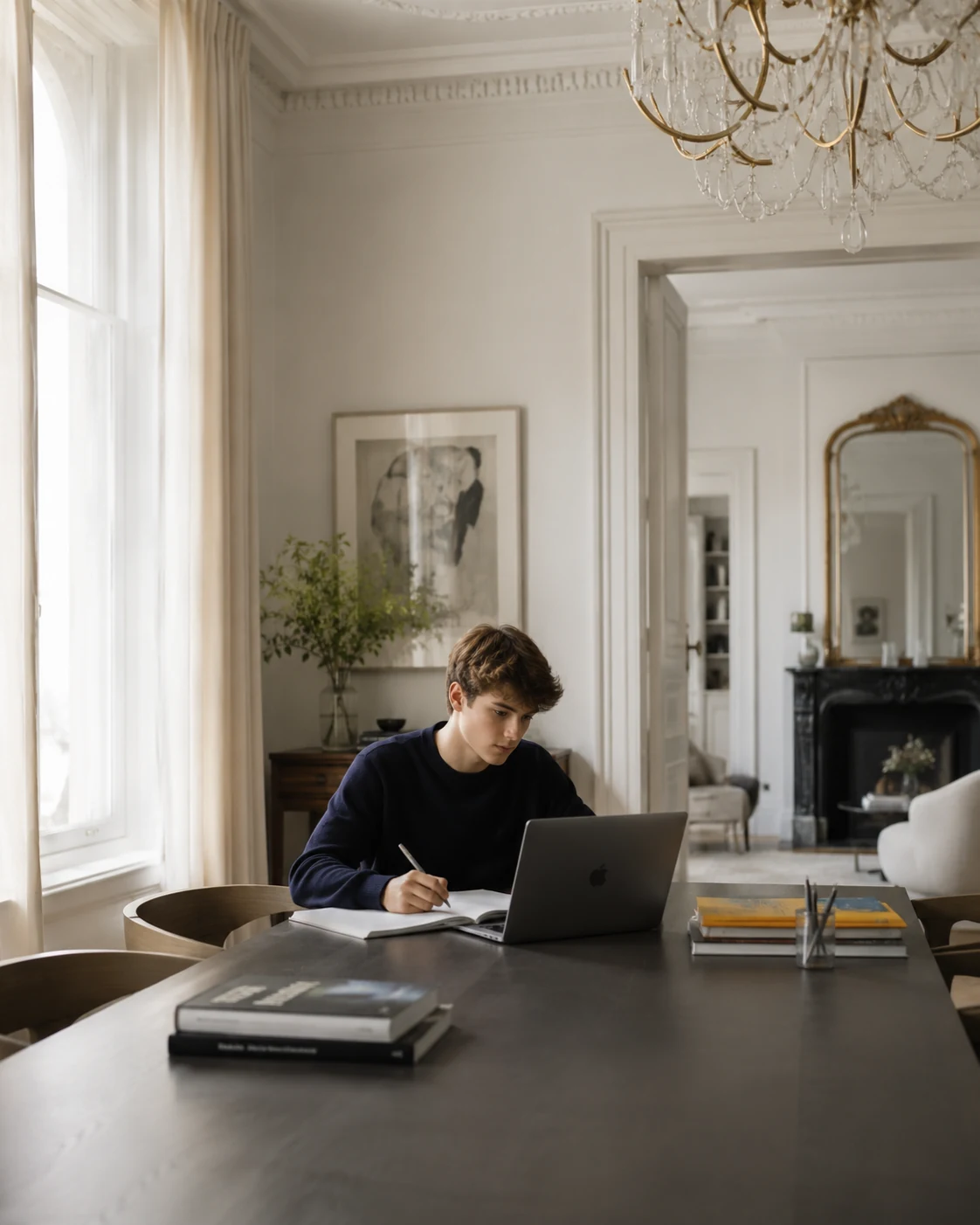 Student working independently on a laptop in an elegant home study room.
