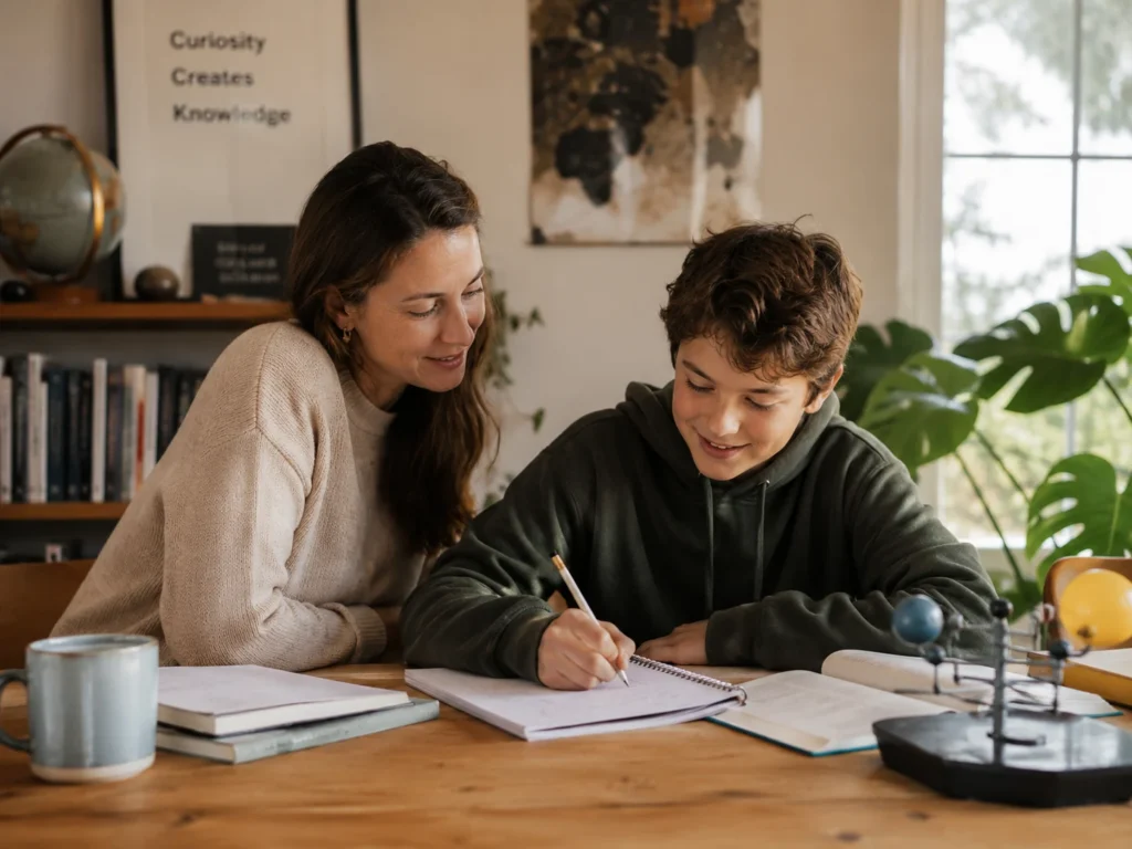 Child studying at home with supportive guidance during personalized home education.