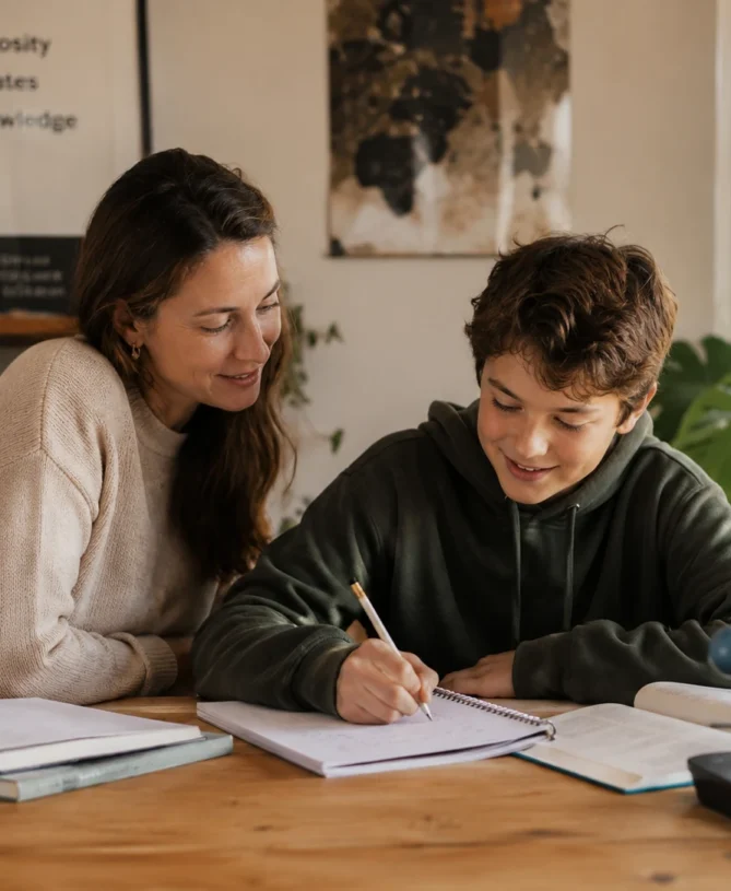 Child studying at home with supportive guidance during personalized home education.