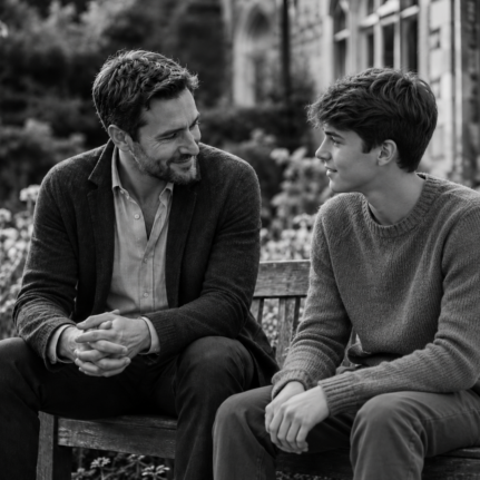 Teacher having a relaxed conversation with a teenage student on a garden bench for IGCSE Homeschooling support.