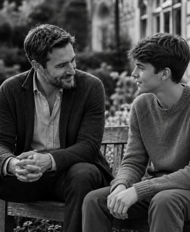 Teacher having a relaxed conversation with a teenage student on a garden bench for IGCSE Homeschooling support.