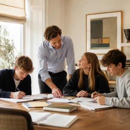 Tutor guiding a small group of students during a focused home education session.