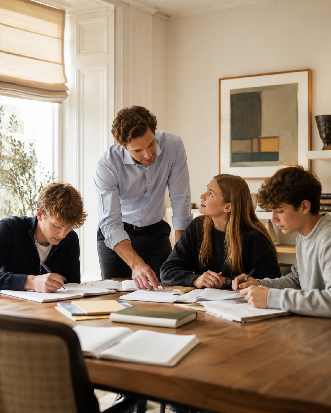 Tutor guiding a small group of students during a focused home education session.