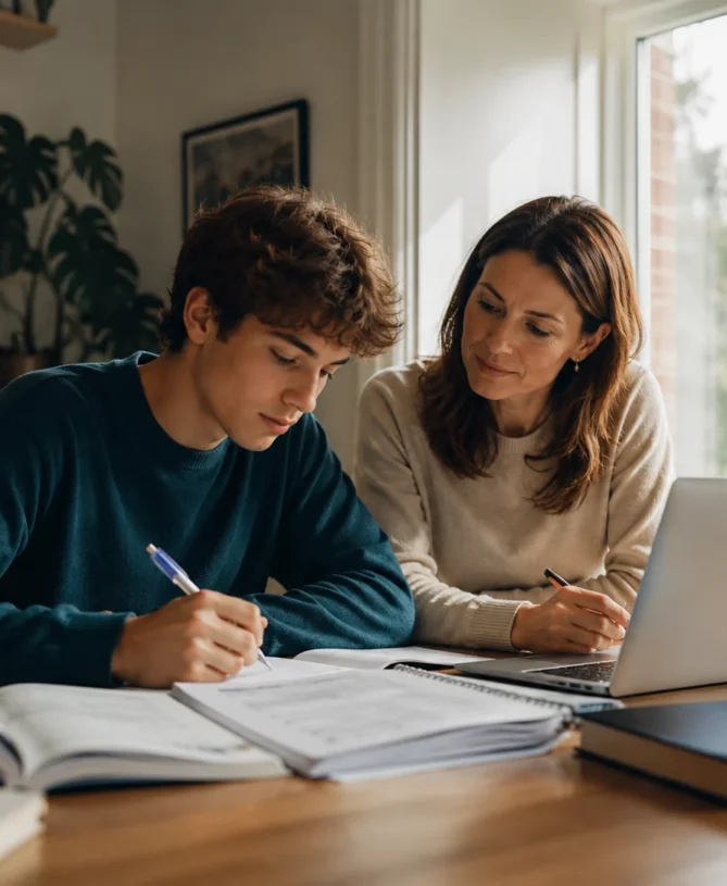 A-Level student studying at home with a tutor during a focused homeschooling tuition session.