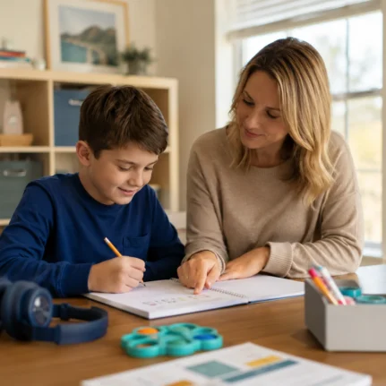 Child receiving individual autism tuition in a calm home learning space with sensory-friendly tools nearby.
