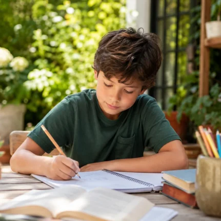 Child studying outside in a garden during calm homeschooling support.