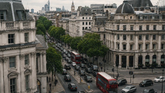 Elevated view of London traffic with red buses, black cabs, and historic buildings.