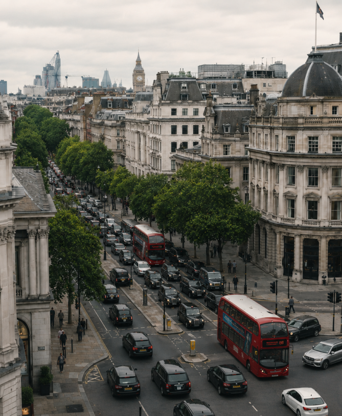 Elevated view of London traffic with red buses, black cabs, and historic buildings.
