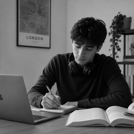 Older student with headphones around his neck studying at a desk with a laptop and open books.