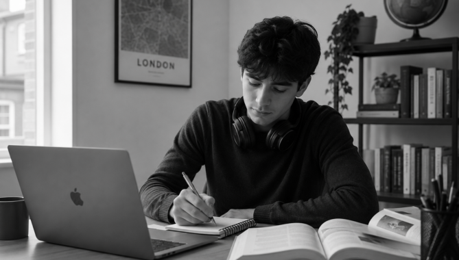 Older student with headphones around his neck studying at a desk with a laptop and open books.