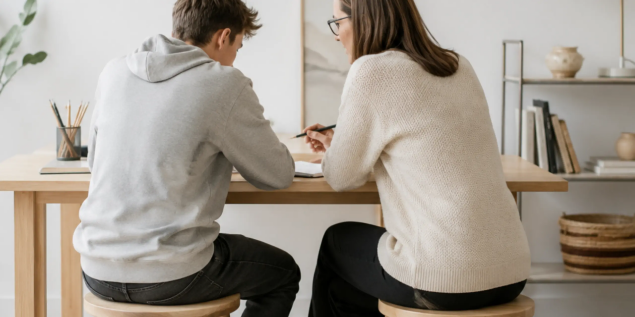 Tutor helping an older teenage student during an IGCSE Homeschooling study session in a calm home learning space.