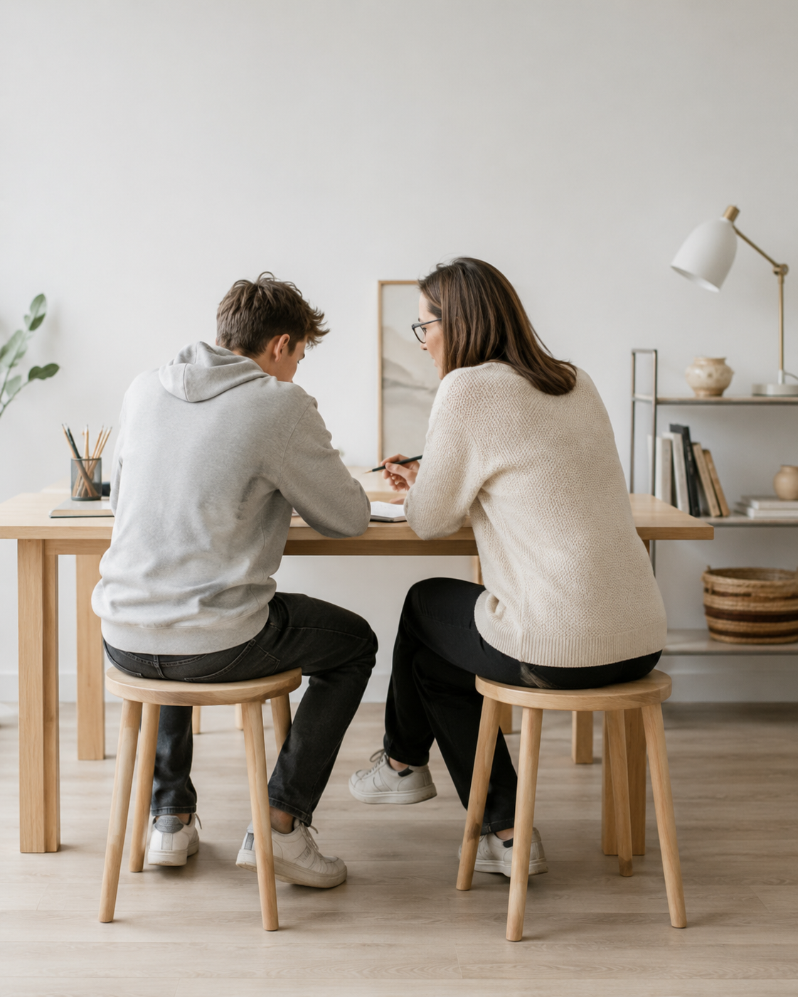 Tutor helping an older teenage student during an IGCSE Homeschooling study session in a calm home learning space.