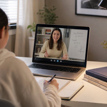 Student attending an online tutoring session with a smiling tutor on a laptop screen.