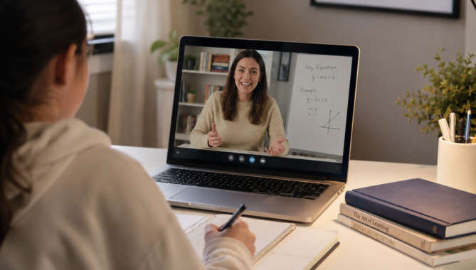Student attending an online tutoring session with a smiling tutor on a laptop screen.